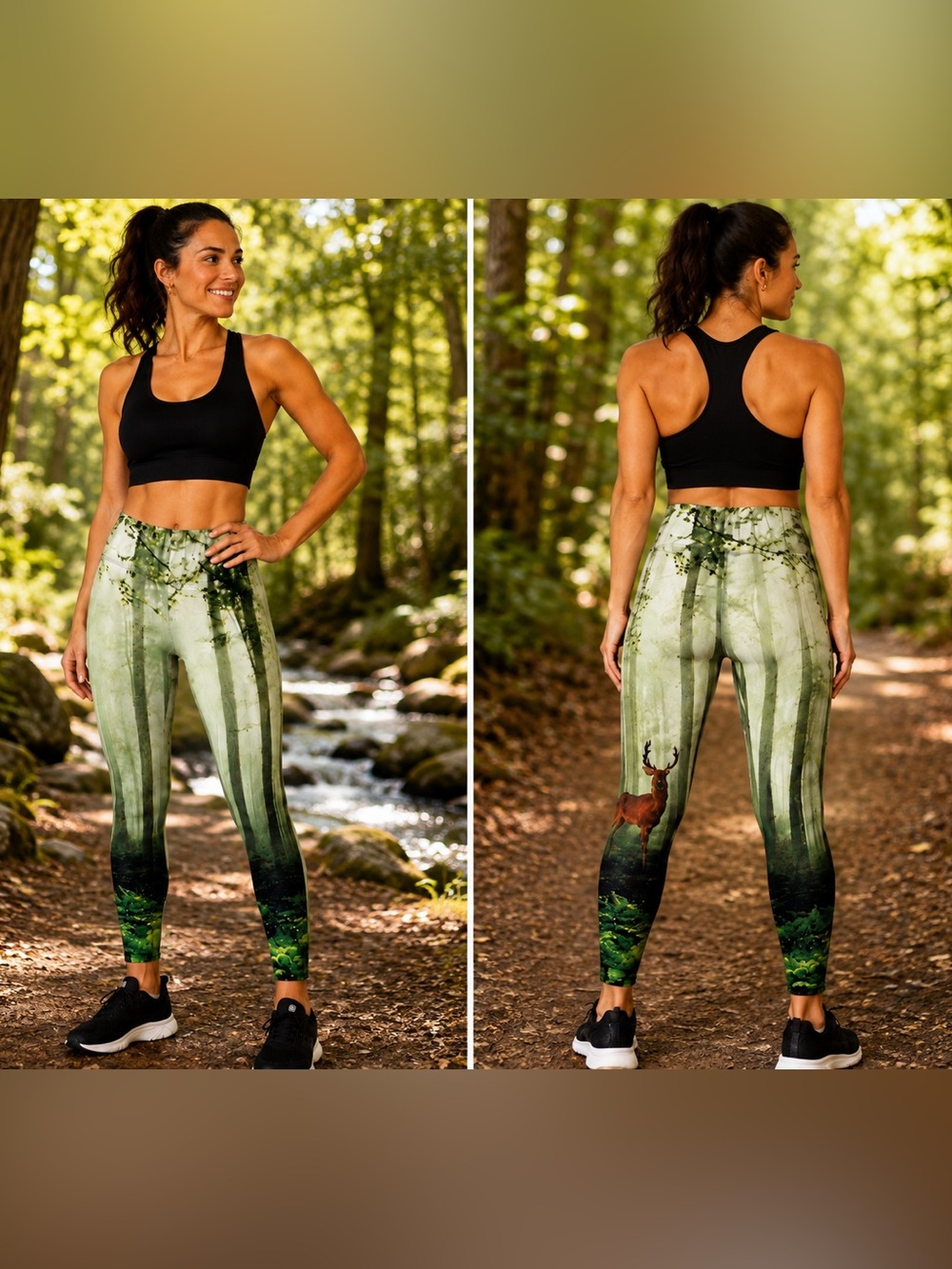GEODE Designs Forest Deer Scenic Print Leggings Green Size Small